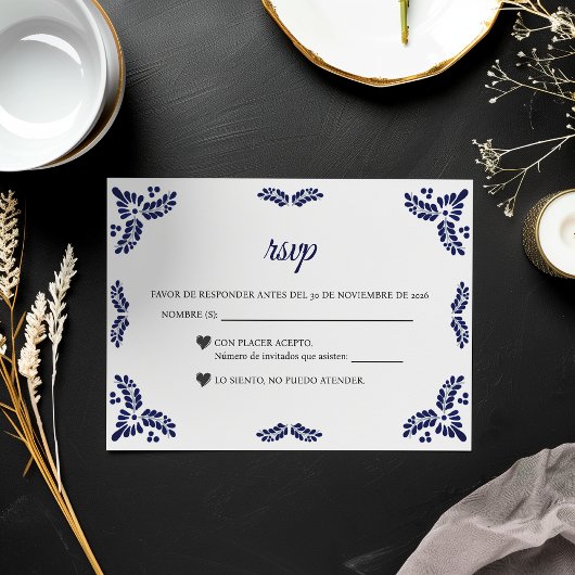 Talavera Blue Floral Minimalist Spanish Wedding RSVP Kaartje