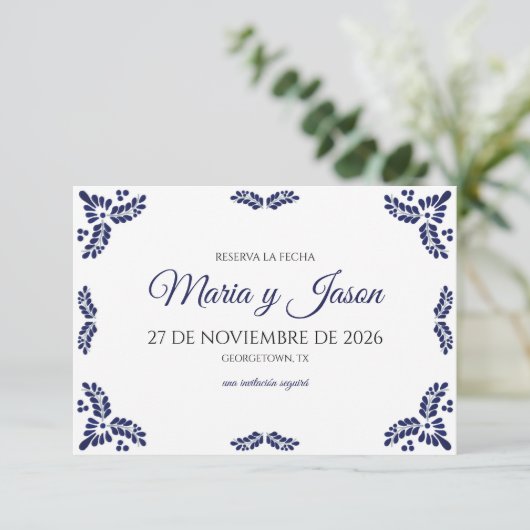 Talavera Blue Floral Minimalist Spanish Wedding Save The Date (Staand voorkant)