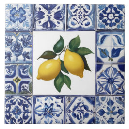 Talavera citroenen - Blauw en Wit Mediterraan Tegeltje
