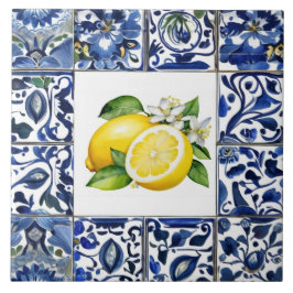 Talavera citroenen donkerblauw en wit mediterraan tegeltje