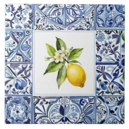 Talavera citroenen lichtblauw en wit mediterraan tegeltje