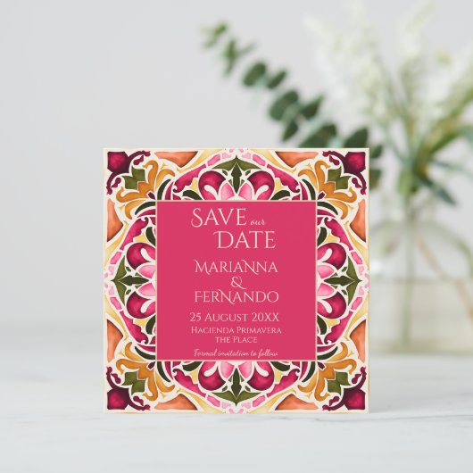 Talavera fuchsia tegel bruiloft save the date (Staand voorkant)