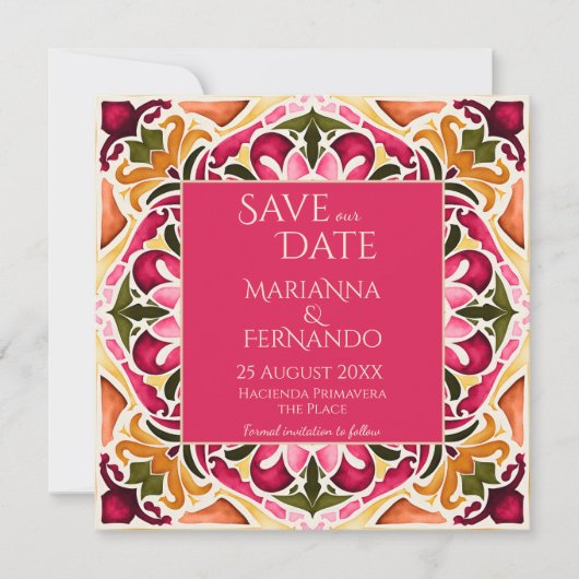 Talavera fuchsia tegel  bruiloft save the date (Voorkant)