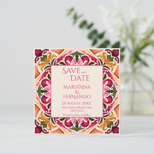 Talavera fuchsia tegel  bruiloft save the date (Staand voorkant)