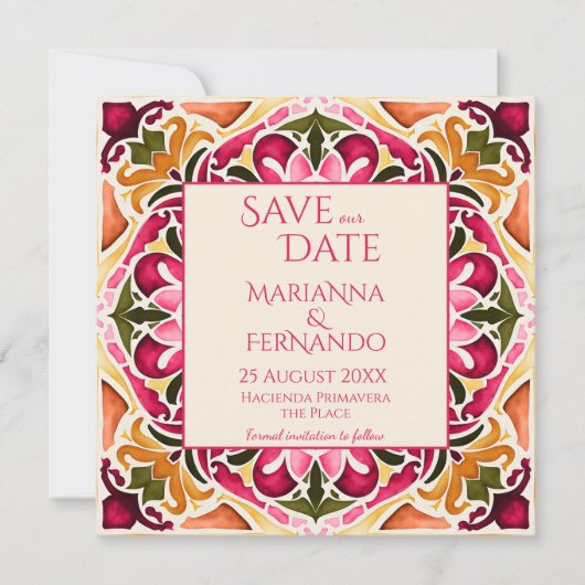 Talavera fuchsia tegel  bruiloft save the date (Voorkant)