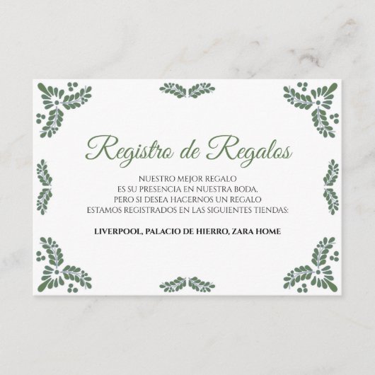 Talavera Green Floral Minimalist Spanish Wedding Informatiekaartje (Voorkant)