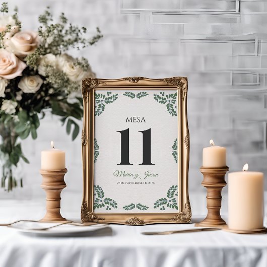 Talavera Green Floral Minimalist Spanish Wedding Kaart