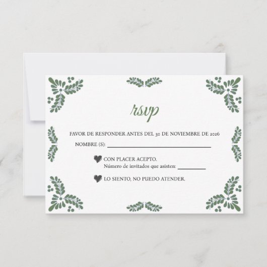 Talavera Green Floral Minimalist Spanish Wedding RSVP Kaartje (Voorkant)
