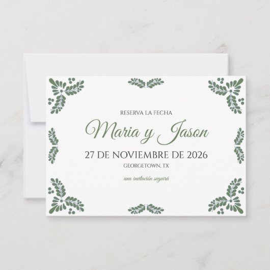 Talavera Green Floral Minimalist Spanish Wedding Save The Date (Voorkant)