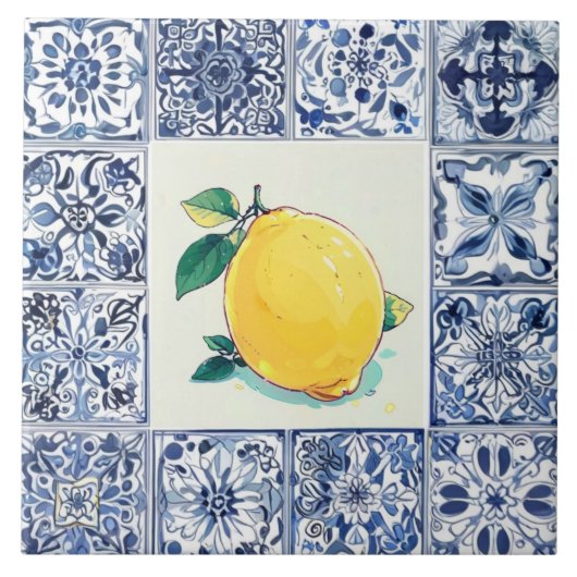 Talavera Lemon - Blue and White Mediterranean Tegeltje (Voorkant)