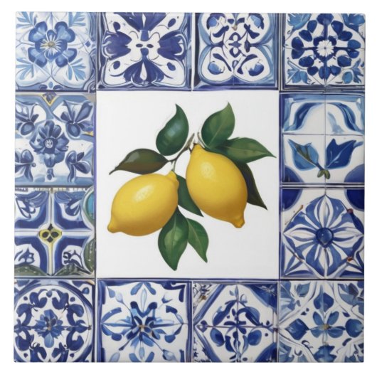 Talavera Lemons - Blue and White Mediterranean Tegeltje (Voorkant)
