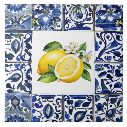 Talavera Lemons Dark Blue and White Mediterranean Tegeltje (Voorkant)