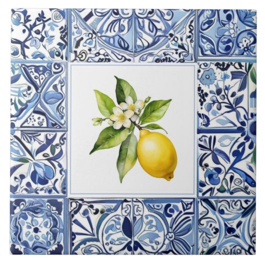 Talavera Lemons Light Blue and White Mediterranean Tegeltje (Voorkant)