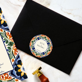 Talavera  Mexicaans trouwmonogram gedrukt Ronde Sticker