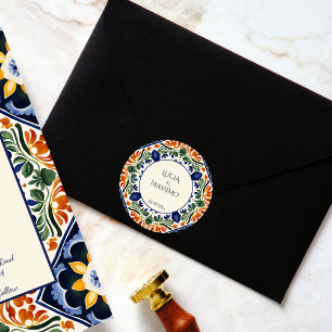 Talavera  Mexicaans trouwmonogram gedrukt Ronde Sticker