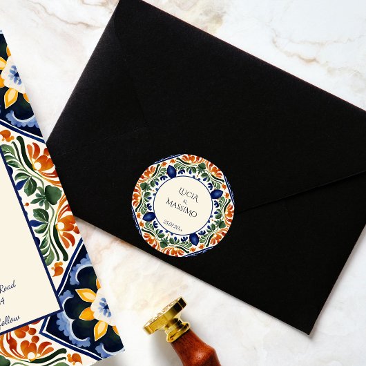 Talavera  Mexicaans trouwmonogram gedrukt Ronde Sticker