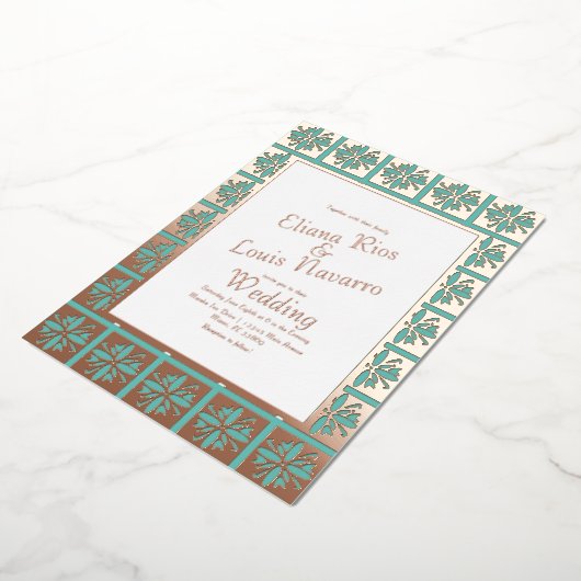 Talavera Mexicaanse Blauwgroen bruiloft geperst Folie Uitnodiging (Gedraaid)
