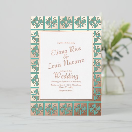 Talavera Mexicaanse Blauwgroen bruiloft geperst Folie Uitnodiging (Staand Voorkant)