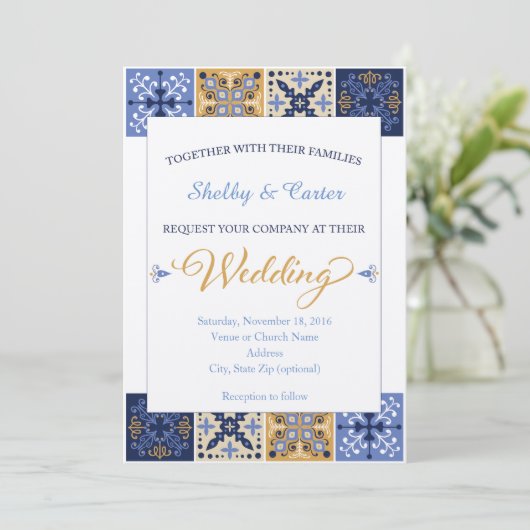Talavera Mexican Tile Wedding Invitation Kaart (Staand voorkant)