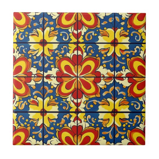 Talavera Naadloos Blauw Rood Geel Mexicaans Spaans Tegeltje (Voorkant)