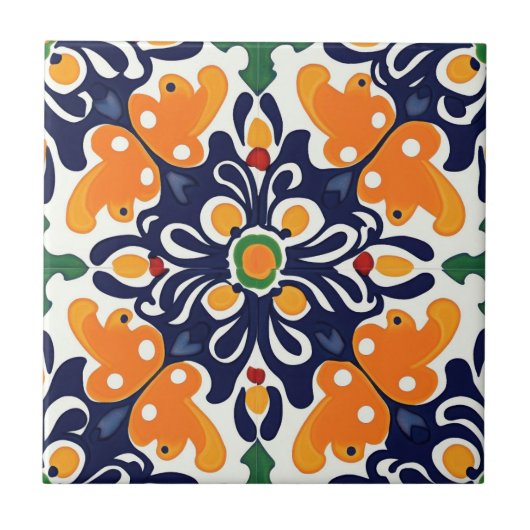 Talavera Naadloos Blauw Sinaasappel Mexicaans Spaa Tegeltje (Voorkant)