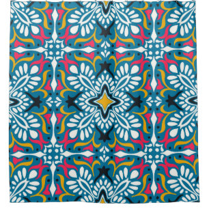 Talavera pattern. Indian patchwork. Azulejos Douchegordijn