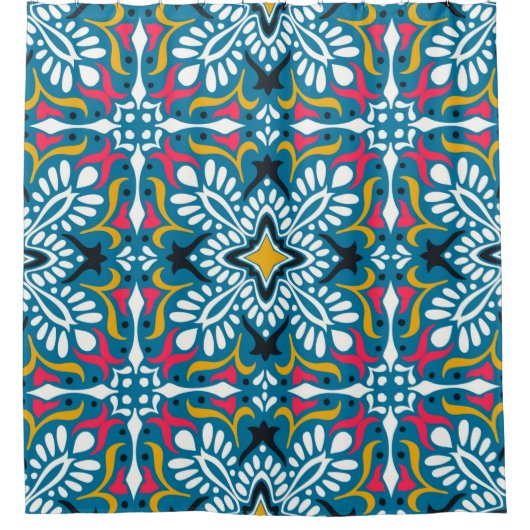 Talavera pattern. Indian patchwork. Azulejos Douchegordijn (Voorkant)