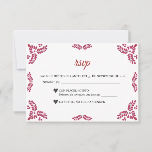Talavera Red Floral Minimalist Spanish Wedding RSVP Kaartje (Voorkant)