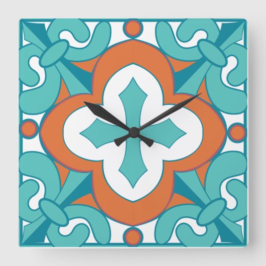 Talavera Tegel Clock - Oranje & Turquoise Vierkante Klok (Voorkant)