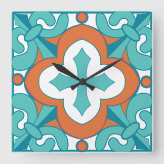 Talavera Tegel Clock - Oranje & Turquoise Vierkante Klok