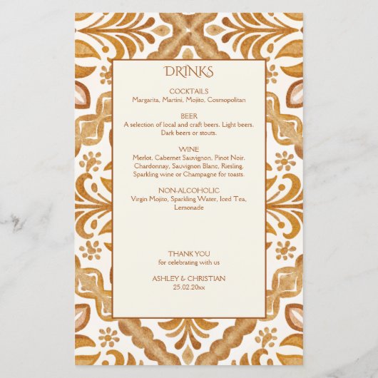 Talavera terracotta  Mexicaans huwelijksmenu (Achterkant)