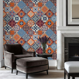 Talavera Tles Blauw Oranje Crème Bourgondië Rood Behang