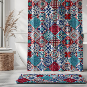 Talavera Tles Turquoise Denim Blauw Rood Wit Douchegordijn