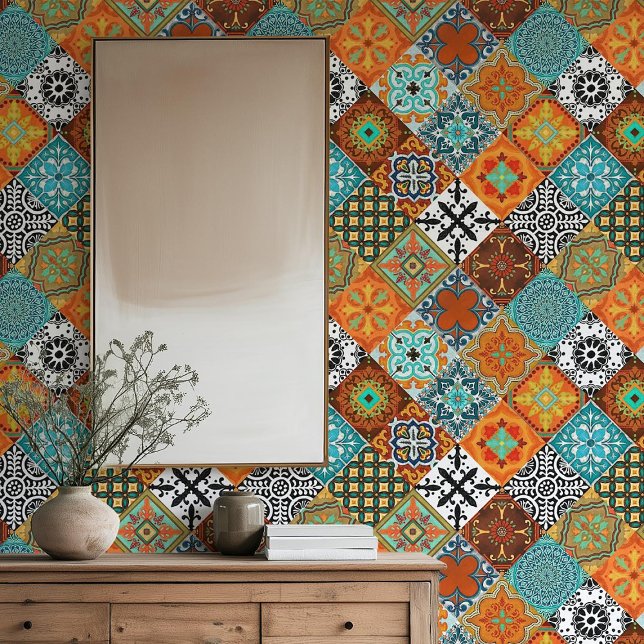 Talavera Tles Turquoise Teal Orange Black White  Behang (Creator heeft geüpload)