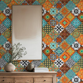 Talavera Tles Turquoise Teal Oranje Zwart Wit  Behang