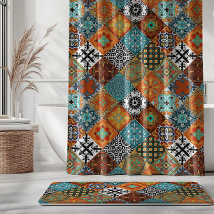 Talavera Tles Turquoise Teal Oranje Zwart Wit Douchegordijn