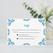 Talavera Turquoise Minimalist Spanish Wedding RSVP Kaartje (Staand voorkant)