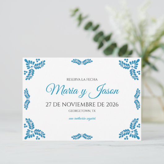Talavera Turquoise Minimalist Spanish Wedding Save The Date (Staand voorkant)