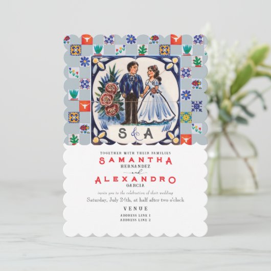  Talavera Unieke Mexicaanse Tegels bruiloft Kaart (Staand voorkant)