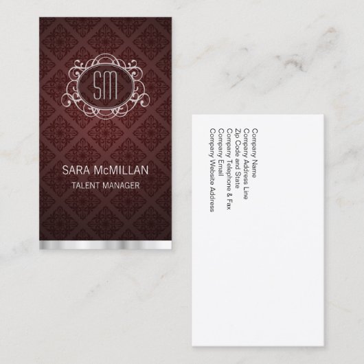 Talent Manager Elegant Red Damask Monogram Visitekaartje (Voorkant / Achterkant)