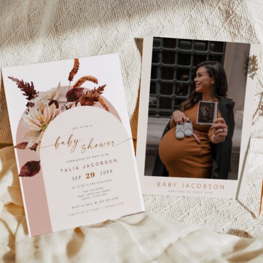 TALIA Bohemian Terracotta Blush Arch Baby shower Kaart