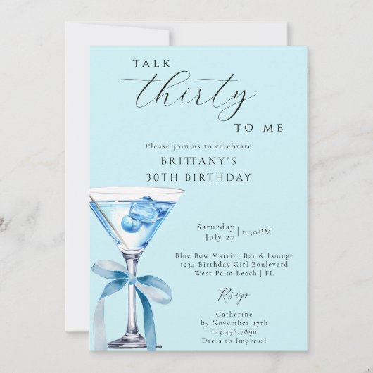 Talk Thirty to Me Blue Bow Martini 30e verjaardag Kaart (Voorkant)