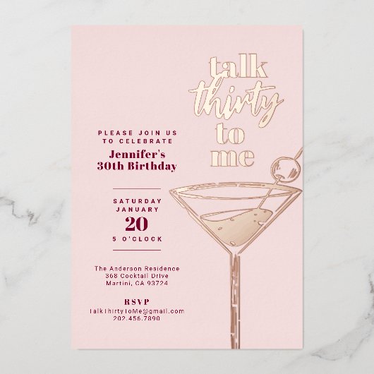 Talk Thirty to Me Verjaardag Cocktail Party Pink Folie Uitnodiging (Voorkant)