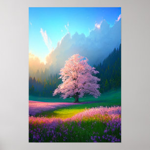 Tall Blooming Tree in de Green Valley Poster