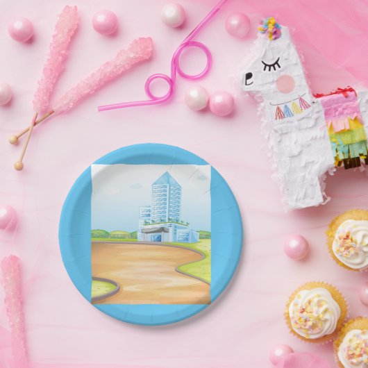 Tall Blue Building Paper Borden Papieren Bordje (Feest)