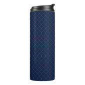 Tall blue travel mug with a black lid thermosbeker (Gedraaid links)
