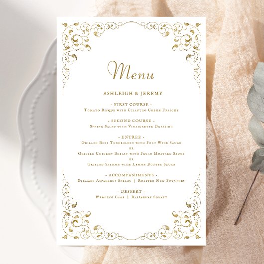Tall Budget Gold Script Foliage Wedding Menu