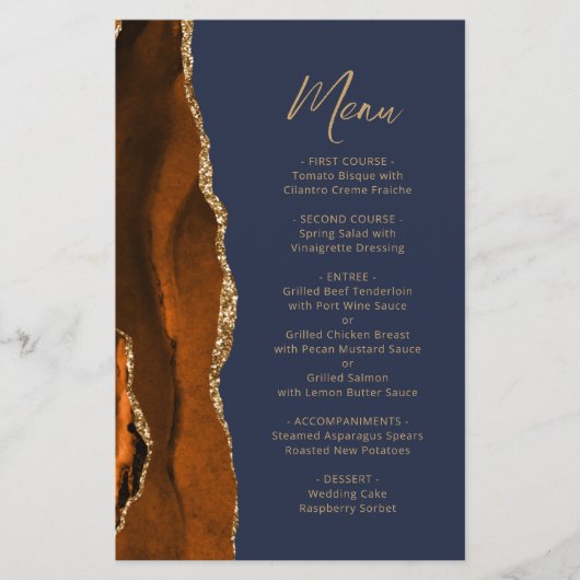 Tall Budget Rust Gold Agaat Navy Wedding Menu (Voorkant)