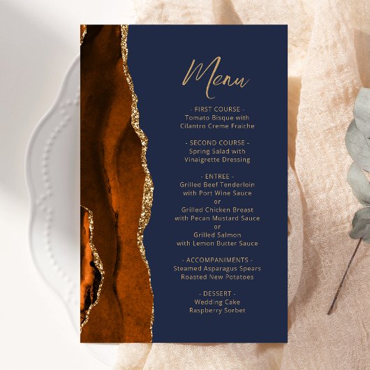 Tall Budget Rust Gold Agaat Navy Wedding Menu