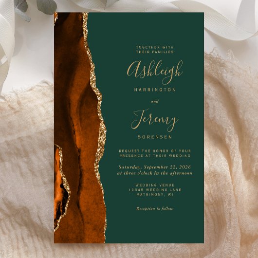 Tall Budget Rust Gold Green Wedding Uitnodiging